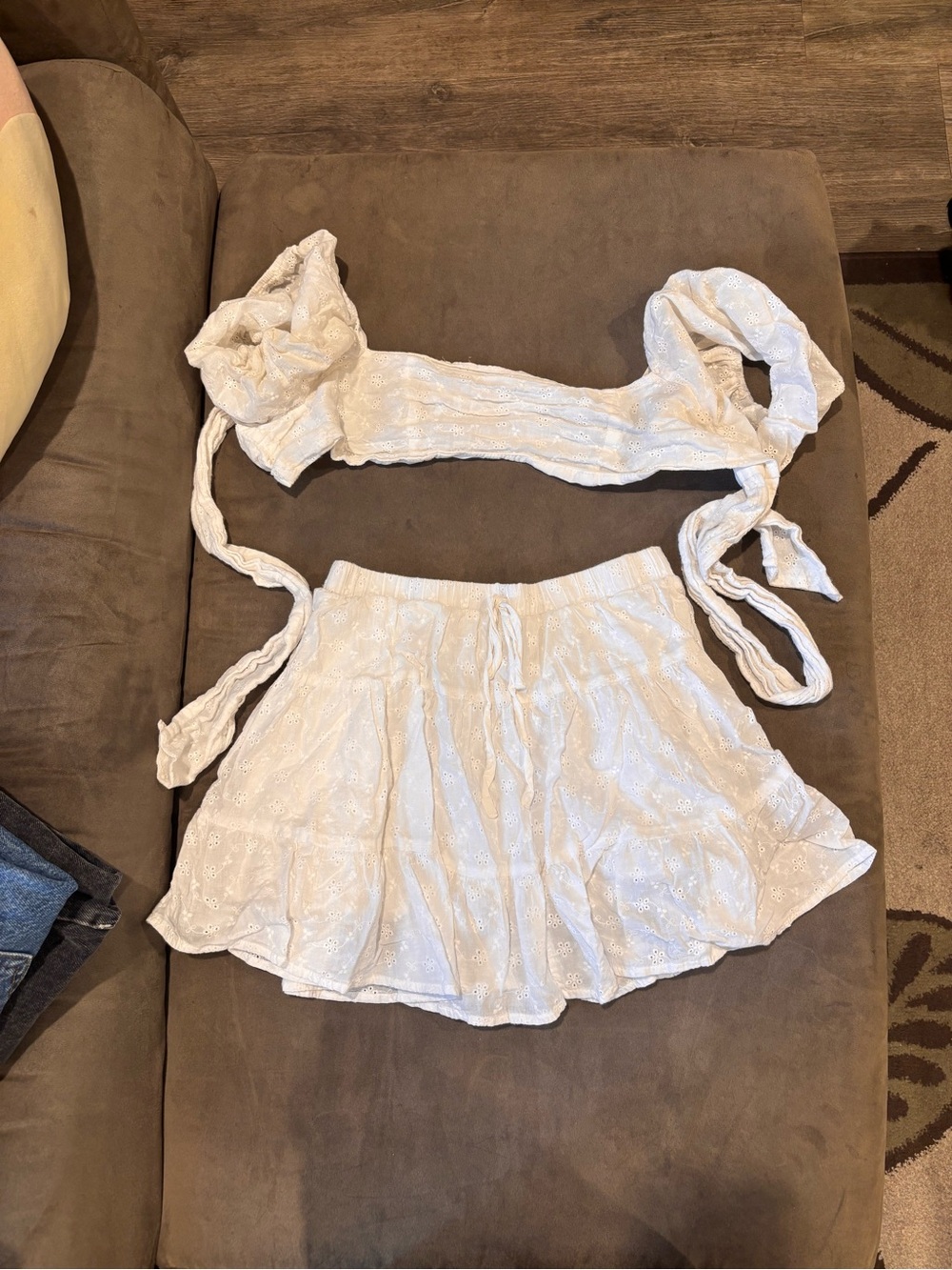 mahina White Eyelet Tie-Shoulder Crop Top & Mini Skirt Set